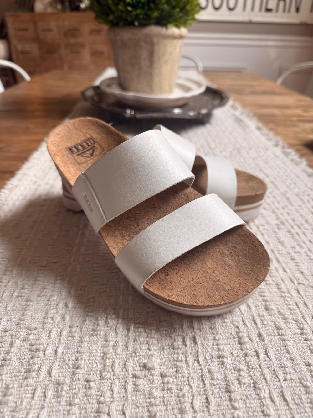 Reef White Double-Strap Cork Footbed Slide Sandals